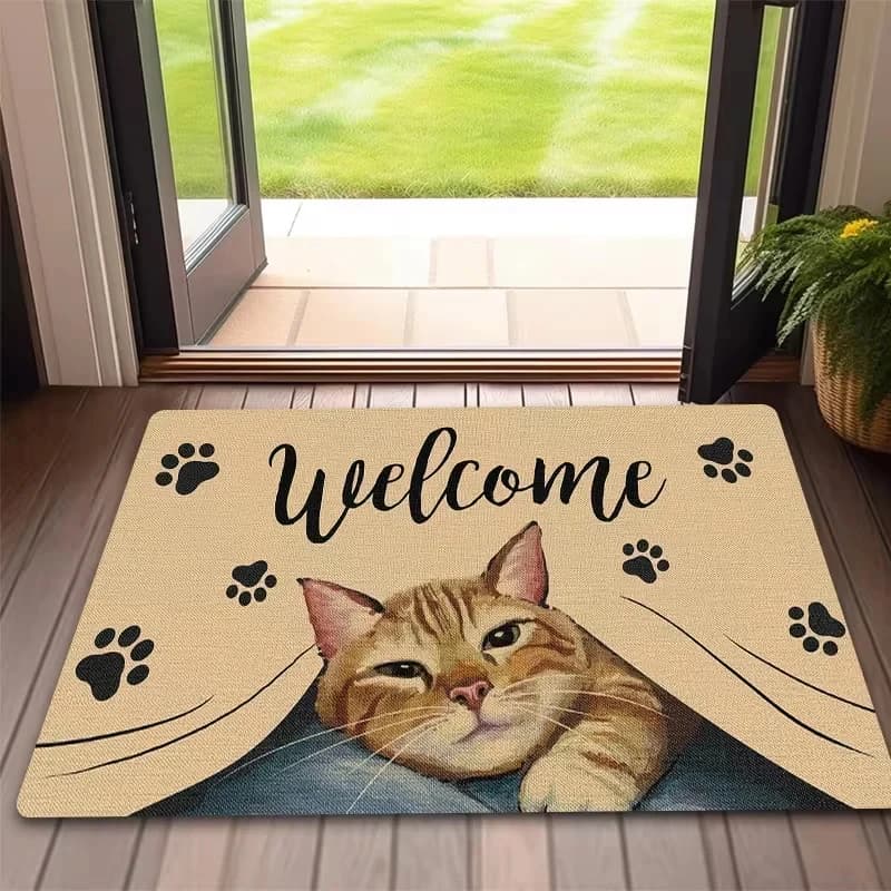 VIKAMA Tappetino di benvenuto con stampa di zampa di gatto, simpatico tappeto d'ingresso con gatto tabby, tappetino antiscivolo lavabile e assorbente per la porta d'ingresso di casa