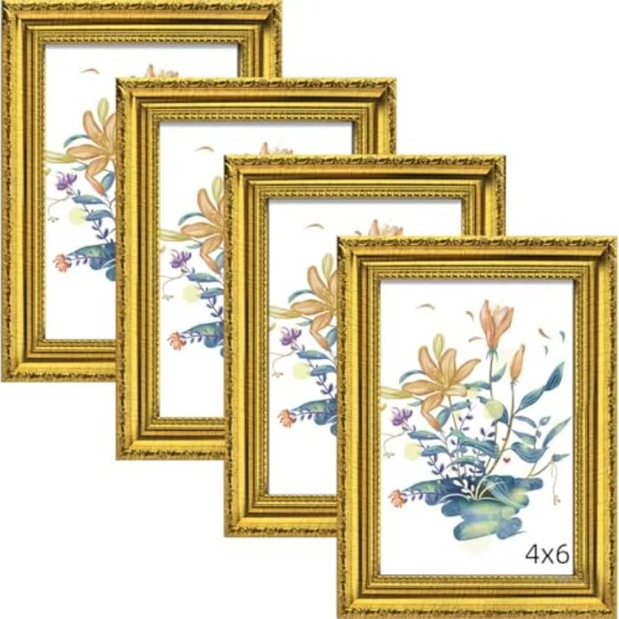 Picture Frame Gold with Real Glass, Ornate Vintage 4 x 6 Photo Frames for Wall and Tabletop Display, Set of 4