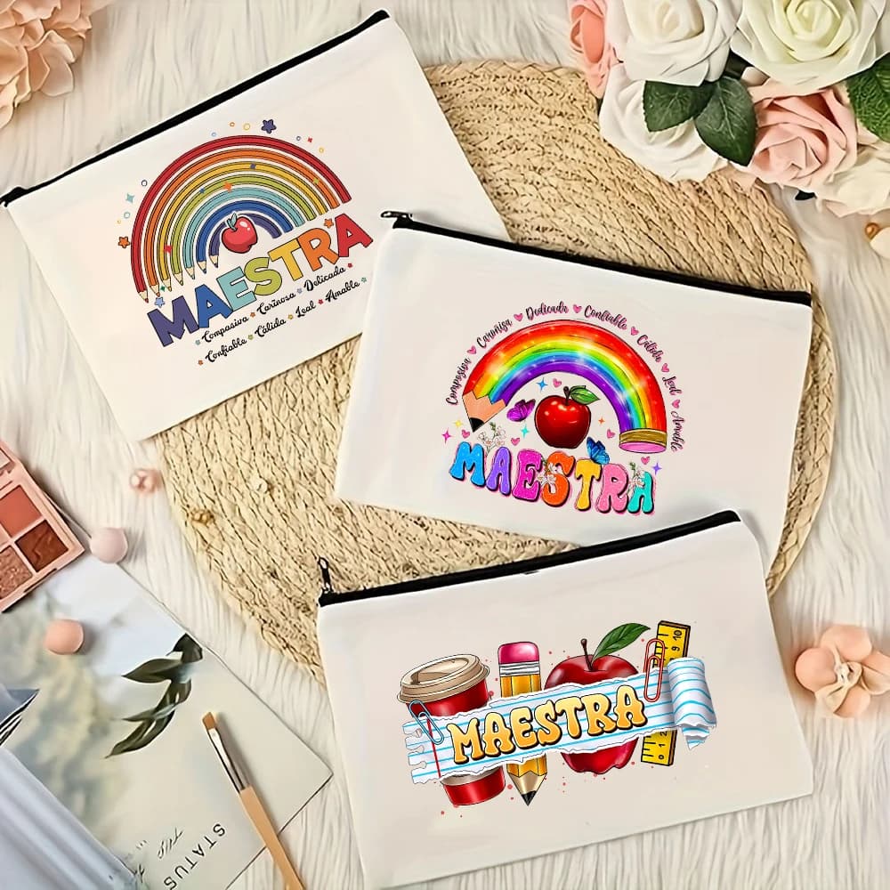 Maestra Teacher Makeup Bag Rainbow Pen Print Storage Bag Teacher Appreciation Cosmetic Bags Back To School Gift