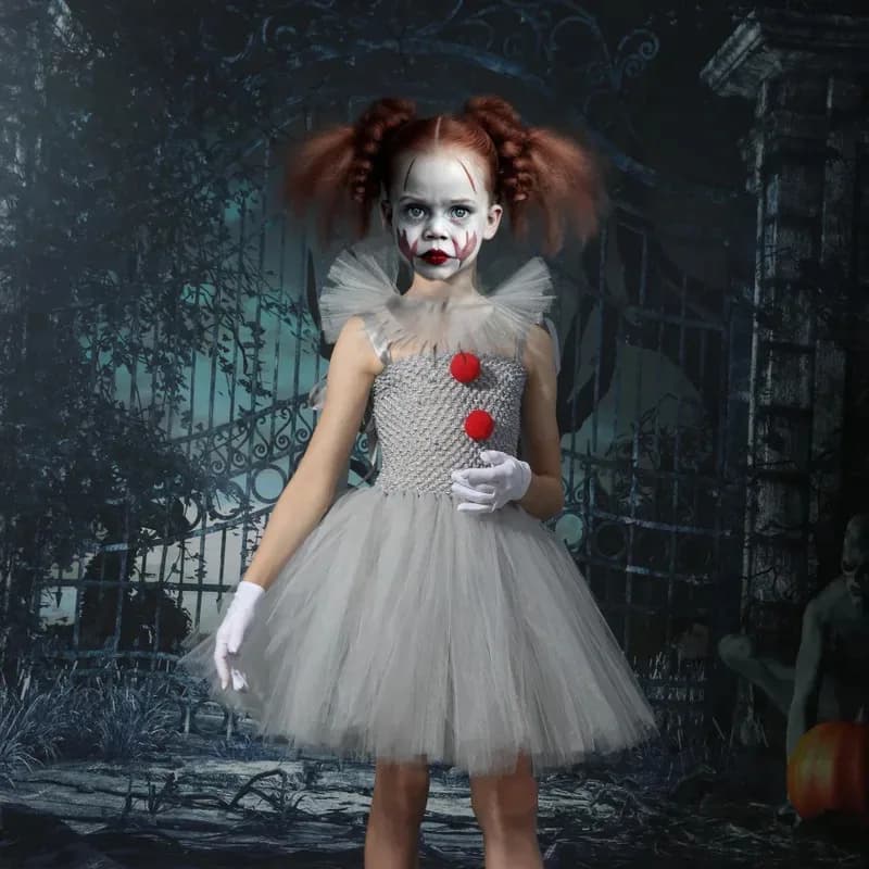 Halloween Spaventoso Pagliaccio Ragazze Costume Cosplay Bambini Grigio Joker Tutu Abiti Carnevale Masquerade Party Dress Up Clothesa;3,v'5.t;8,