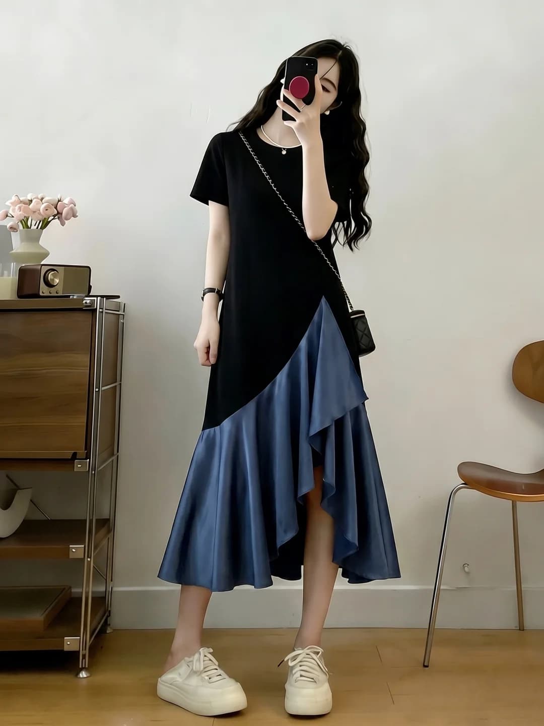 Summer Slimming Design Sense Fish Tail Long Dress T-Shirt Dress Women's High Waist A-Line Skirt Polyester Fiber Short Sleeve