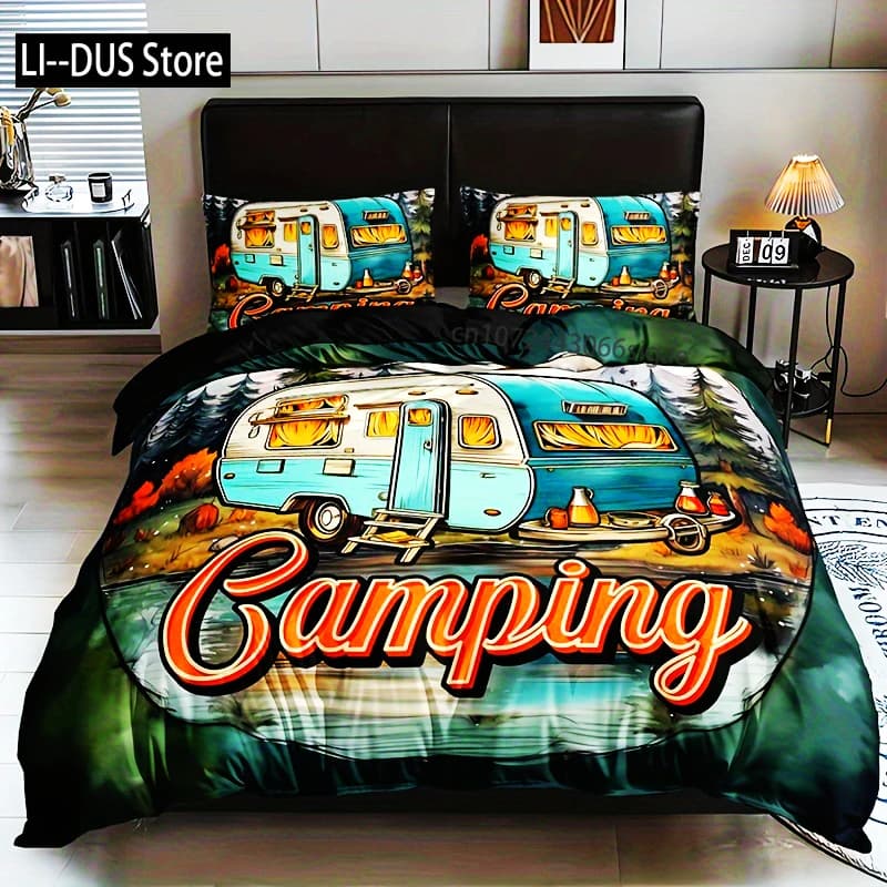Set biancheria da letto con stampa di lettere per auto da campeggio: (1 copripiumino + 2 federe) - Senza inserti per cuscini inclusi Queen Size per tutte le stagioni