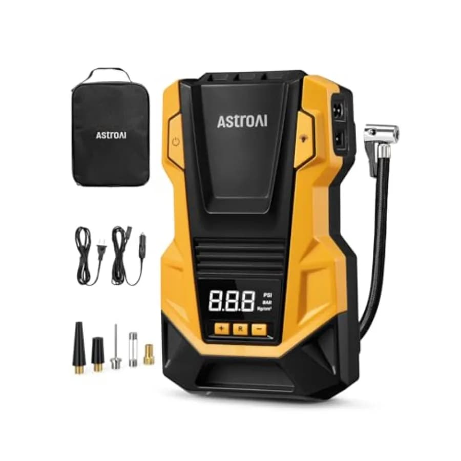 Compressore d'aria portatile 110V AC/12V DC per gonfiaggio pneumatici, pompa elettrica a doppia alimentazione con pressione massima di 150 PSI e luce LED, gonfiaggio rapido