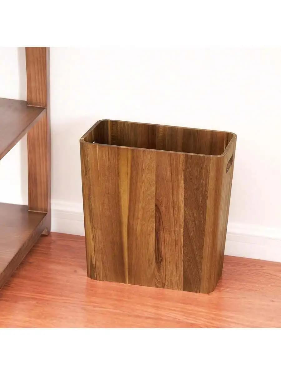 3 Gallon Solid Acacia Wood Wastebasket Rectangular Trash Can With Handles For Bedroom Bathroom Kitchen