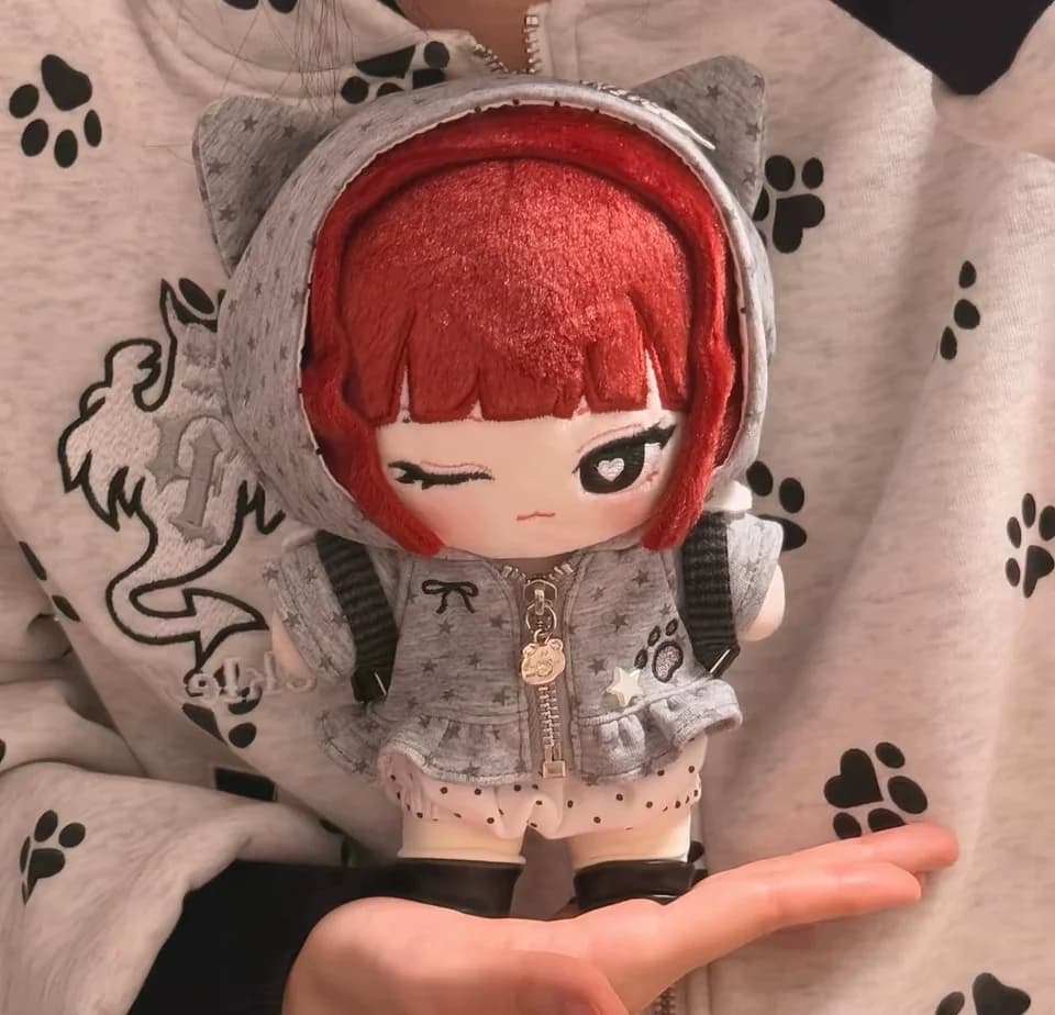 20cm Cotton Doll Clothes Y2K Gray Cat Star Hooded Outfit Polka Dot Inner Changing Accessory With Shoes For Hobby Collectors