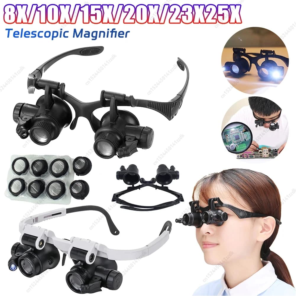 Lente d'ingrandimento indossata dalla testa 10-25X con luci a LED Strumento di riparazione dell'orologio antico per gioielli Vetro per fascia regolabile (batteria non inclusa)