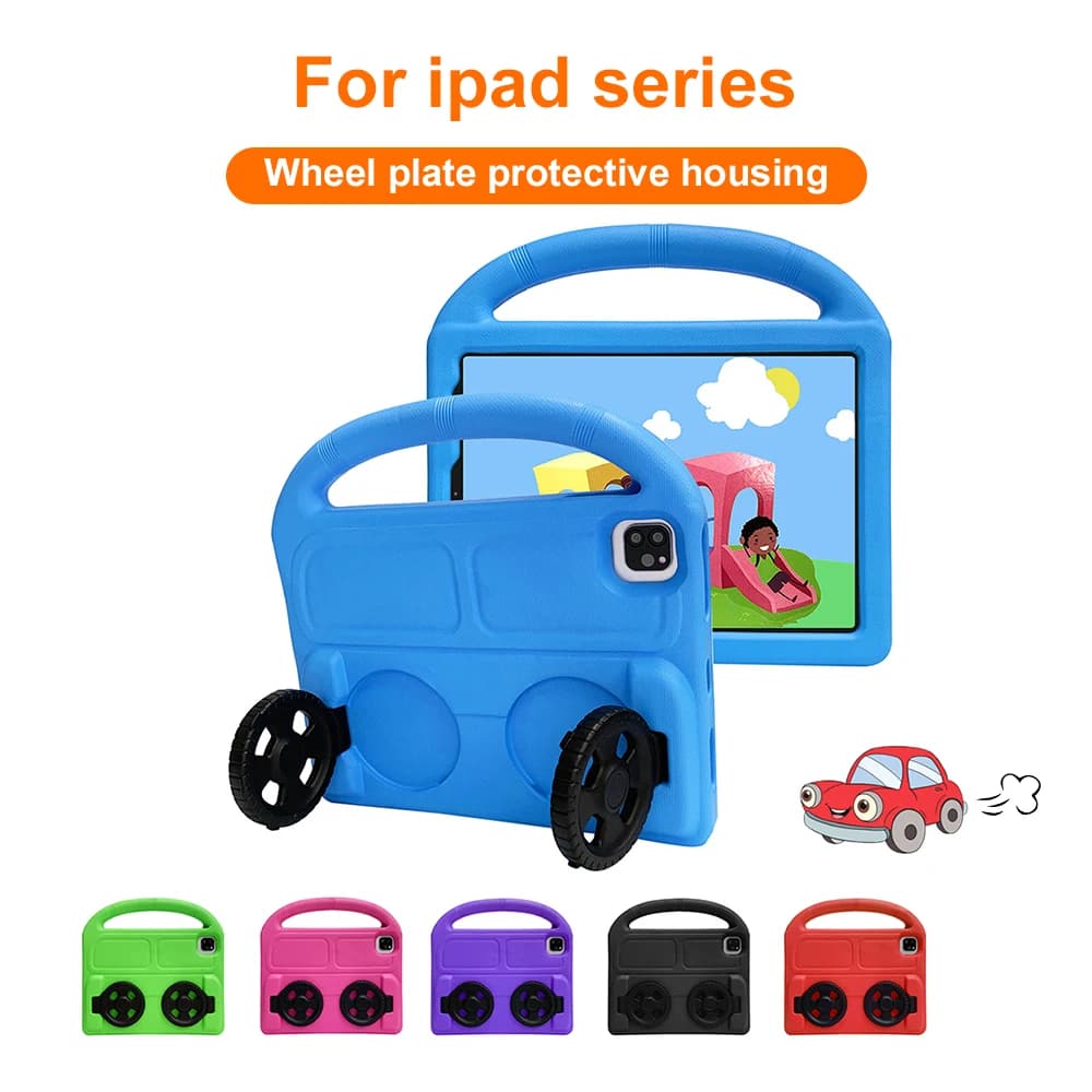 Custodia Protettiva in EVA per Bambini con Ruote a Cartone Animato per iPad Pro 11, 10a, 9a, 8a, 7a Generazione, 10.2 (2025), Air 11, 5, 4, 3, 2, 9.7, Mini 7, 6, 5, 4, 3, 10.5