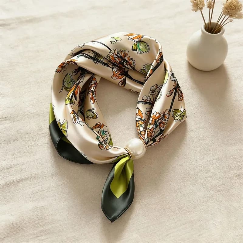2026 Simulation Silk Satin Magnetic Scarf Printed Women Lazy Scarf Pearl Magnetic Neck Small Scarf