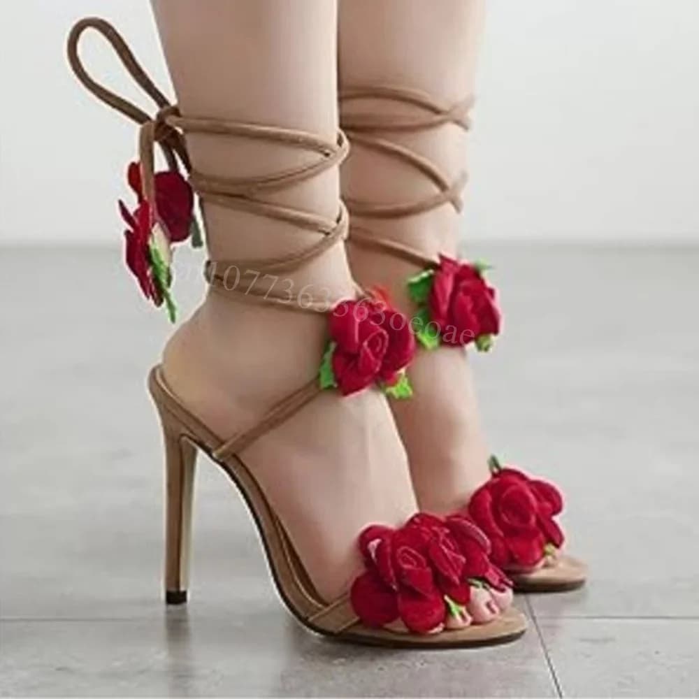 Sandali con Tacco Alto Sottile a Punta con Decorazione Rosa Rossa, Scarpe Sexy e Belle per Donne 2024 Zapatos Para Mujere
