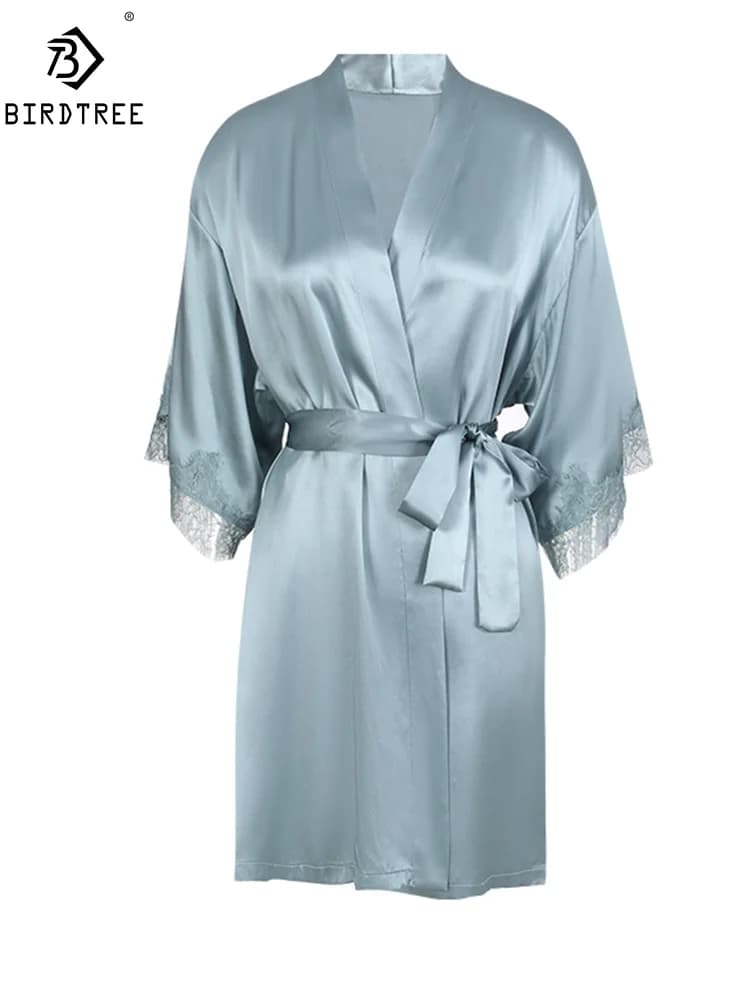 BirdTree, 100% royal silk lace nightdress from 19MM, 3/4 sleeve with V-neck woman, elegant Sexy pajamas, autumn summer 2024 new P550143 QM