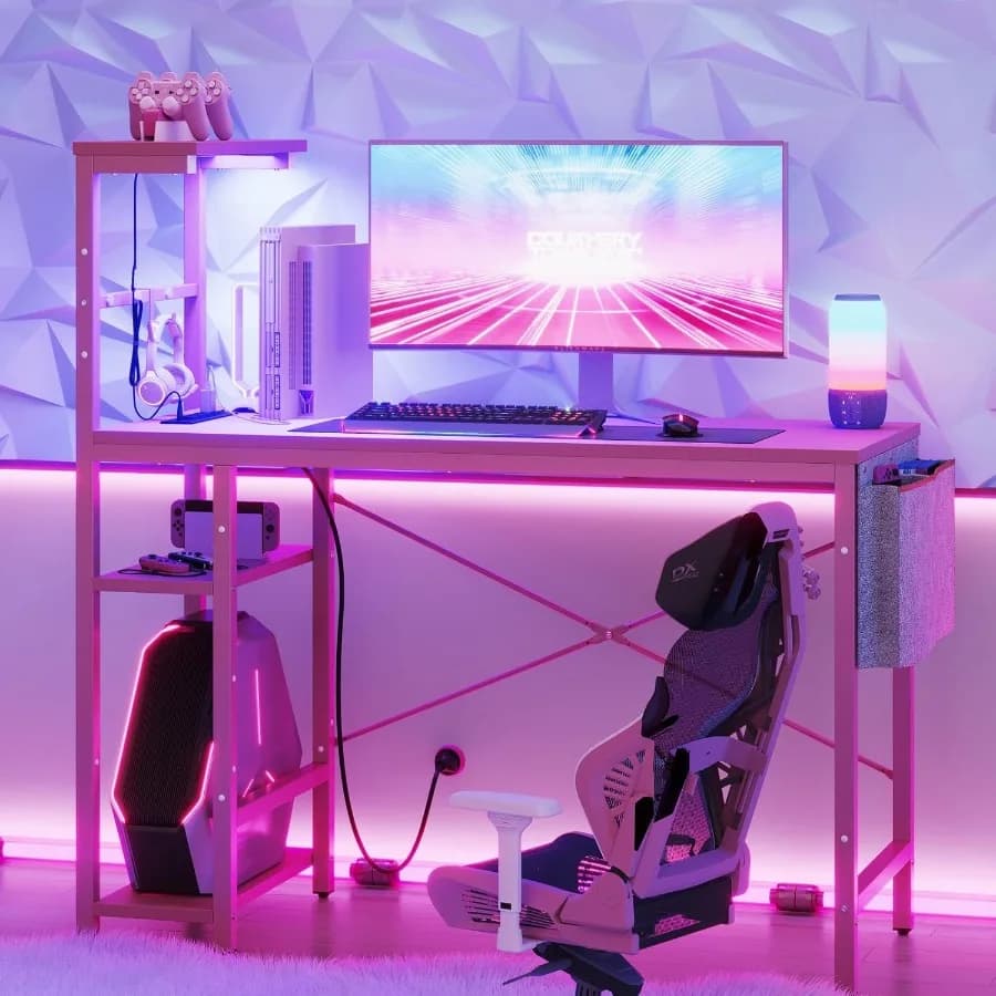 Pink play desk with current sockets 44 inch LED play desk with reversible shelves at 4 levels Computer desk with side headphone hook