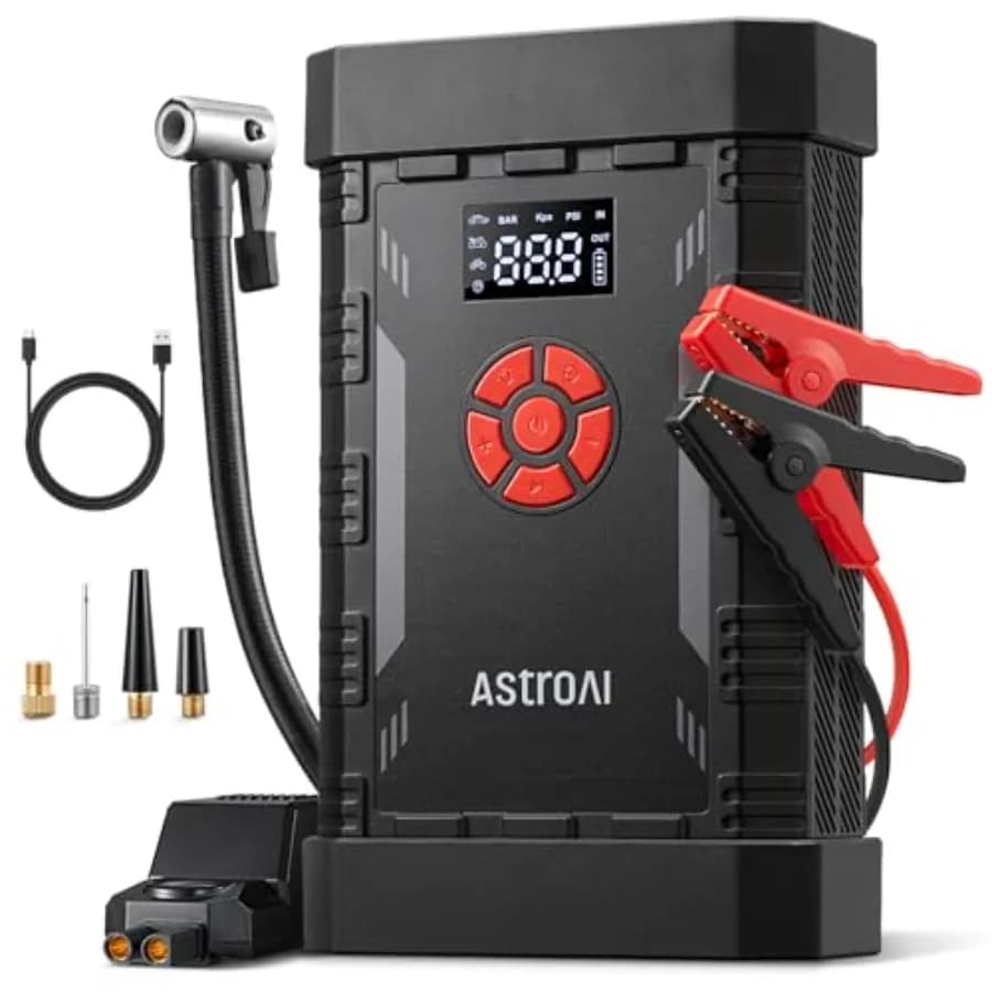 Avviatore di Emergenza Portatile 12V per Auto con Compressore d'Aria 4000A 150PSI 18W, Gonfiatore Pneumatici a Ricarica Rapida, Cavi di Avviamento, Luci LED
