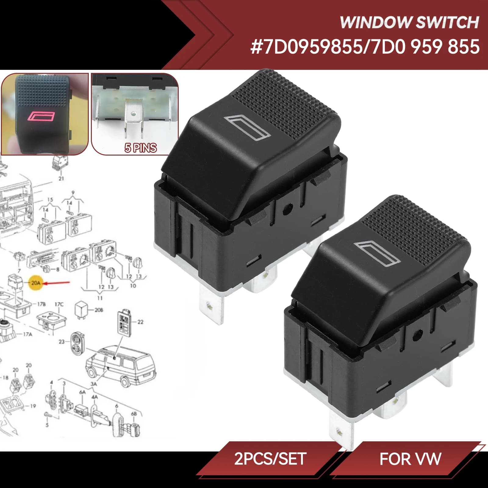 2 pezzi accessori auto interruttore di comando alzacristallo elettrico pulsante sollevatore per Volkswagen VW Transporter T4 7D 0959855 7D0 959 855