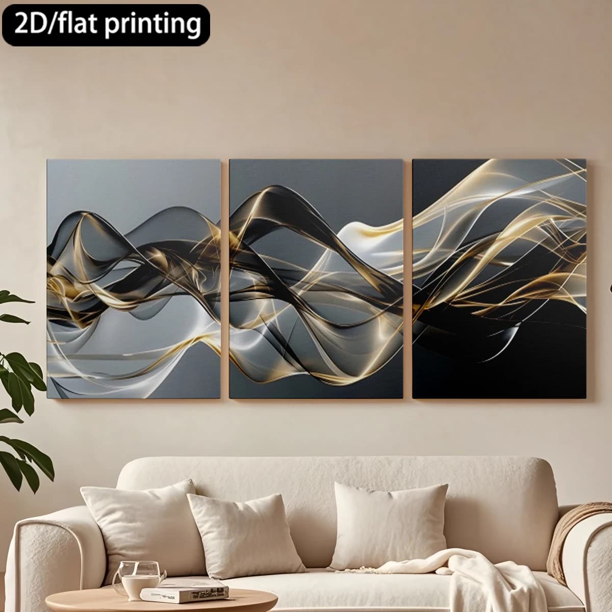 Decorative painting on canvas with wooden frame, 3 pieces. Fluid lines, black white gold. Tende per camera da letto ikea.