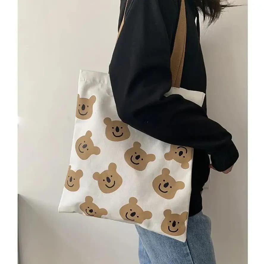 Nuova borsa a tracolla in tela per donna ragazza cartone animato orsacchiotto borse femminili bianche borse per la spesa in stoffa borsa da spiaggia tote da donna