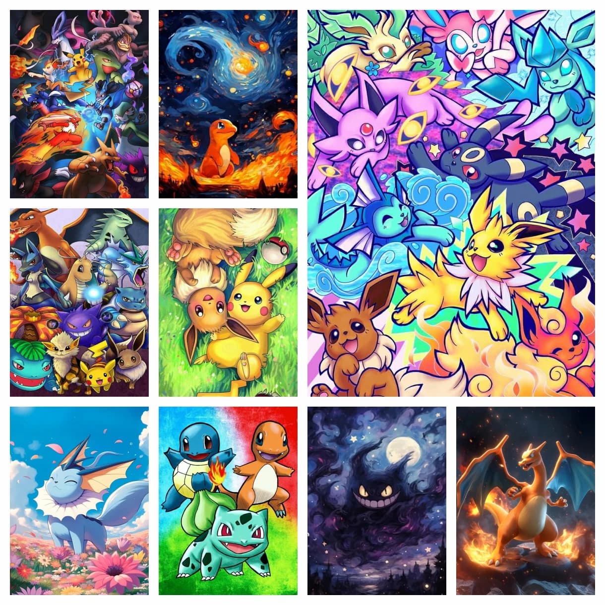 New Pokemon Canvas Painting Vibrant Mult‑character Group Collage Canvas Poster Rich‑color HD Spray Printing Unframed Wall Art