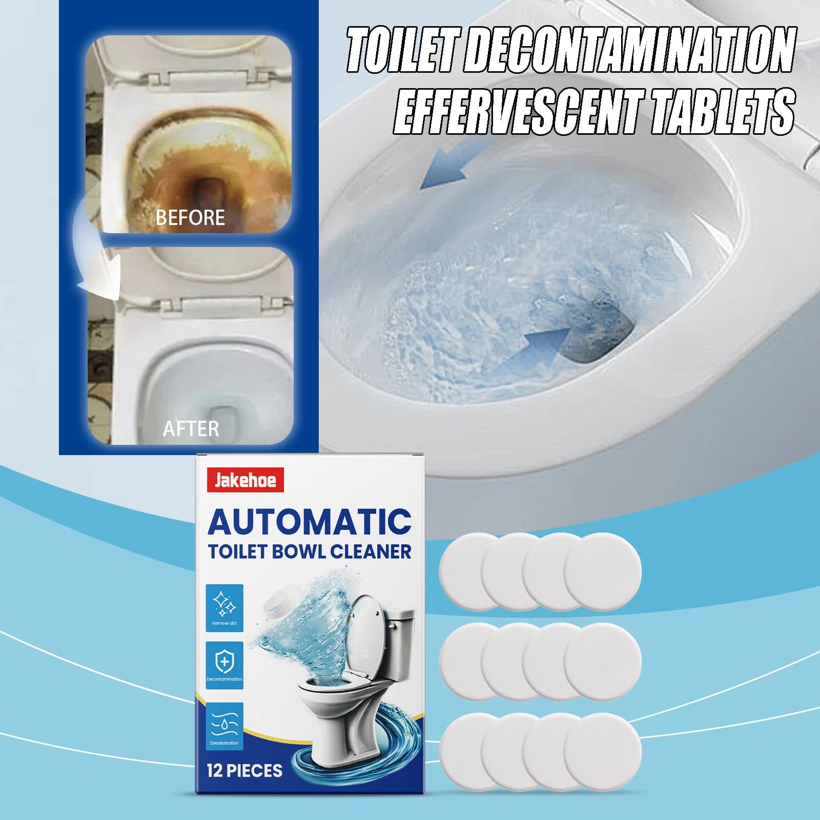 12 compresse effervescenti per la decontaminazione della toilette, rimuove efficacemente lo sporco ostinato, elimina gli odori senza residui e irritazioni