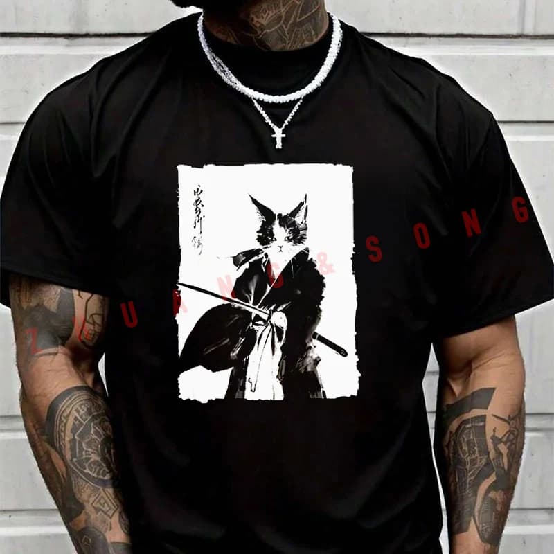 T-shirt estiva da uomo e donna con gatto samurai acquerello, traspirante, ad asciugatura rapida, a maniche corte, per moto e sport