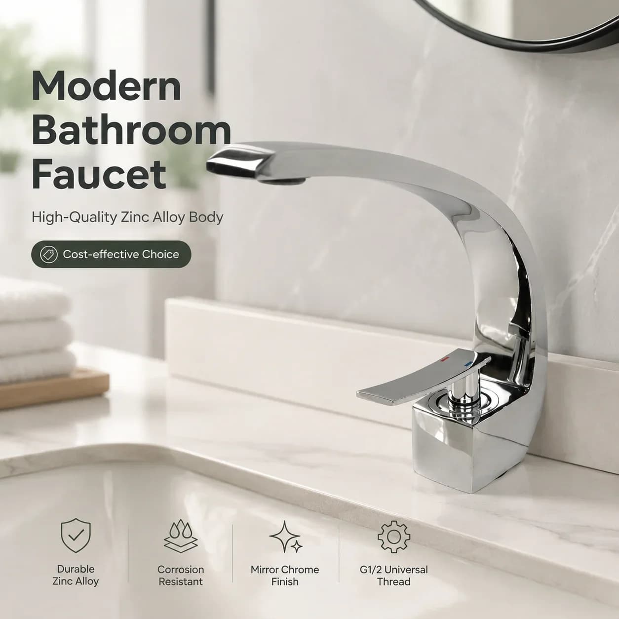 Mirror Bright Chrome Zinc Alloy Single Handle Basin Faucet Modern Curved Large Curved Mouth Hot and Cold Bathroom Basin Faucet