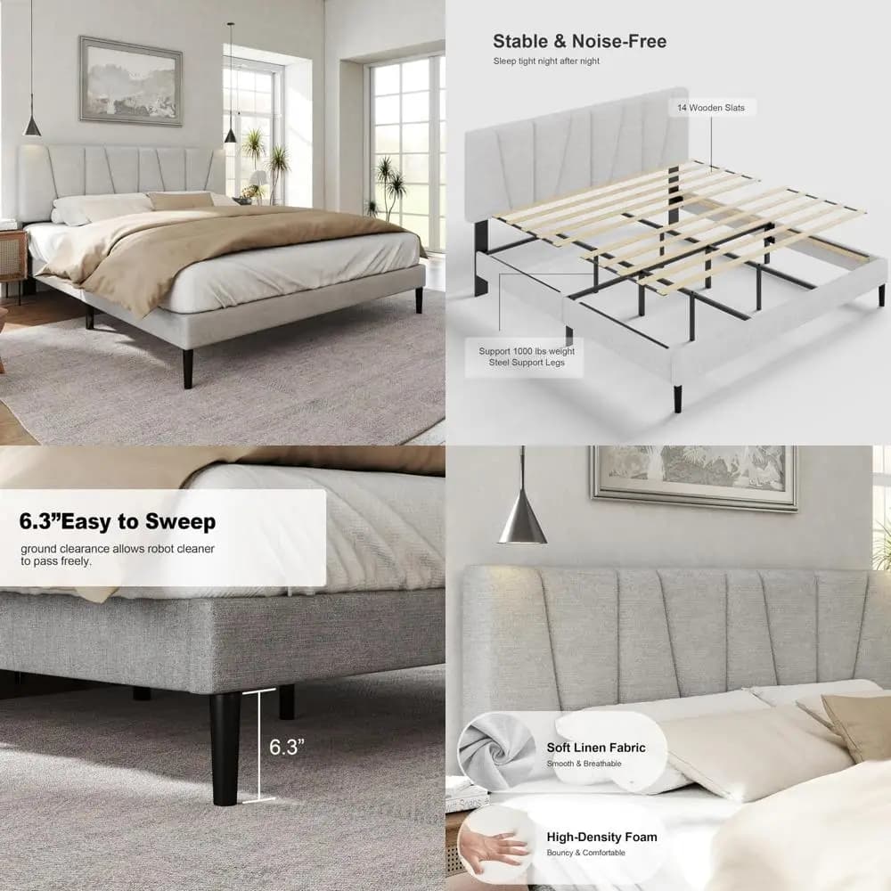 Bed frame upholstered in queen size fabric with wooden slats and base for mattress