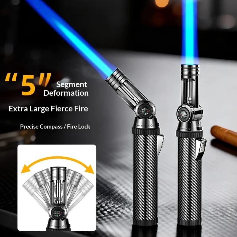 Accendino a Torcia a Butano Regolabile a 5 Angoli con Bussola, Fiamma a Jet Antivento per Barbecue, Campeggio, Cucina, Saldatura