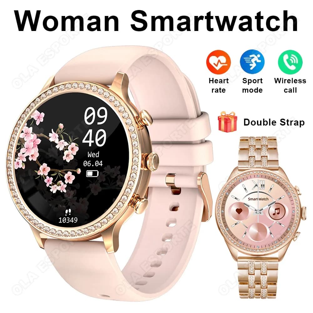 Orologio intelligente da donna Doppia cinturino Monitoraggio della frequenza cardiaca del sonno Chiamata wireless Assistente vocale Smartwatch impermeabile per Android IOS