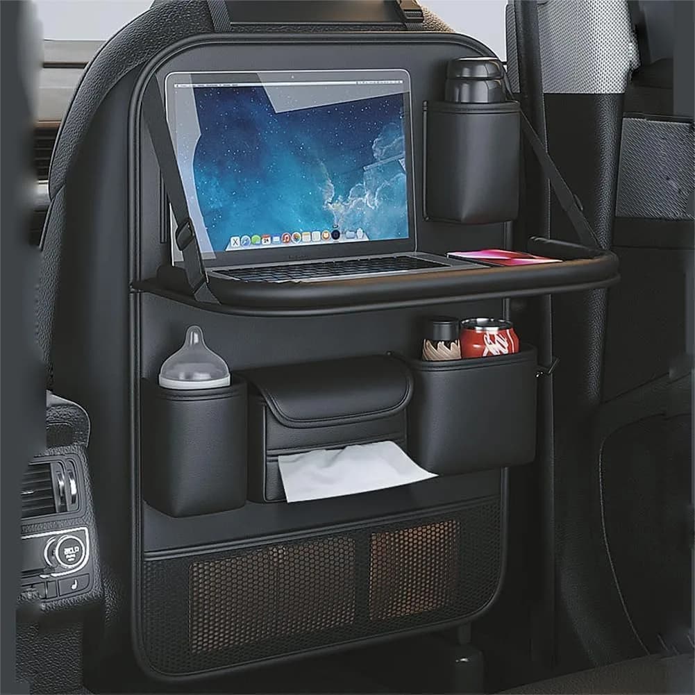 Set di 2 Organizzatori per Sedile Auto in Pelle PU con Tavolino Pieghevole, Porta Tablet, Porta Bicchieri, Tappetino Protettivo per SUV, Berlina, Minivan