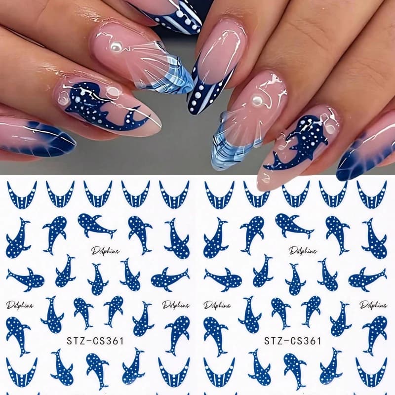 2 Pezzi Adesivi per Unghie con Simpatiche Balene Blu Cartoon, Decorazioni per Unghie Y2K con Delfini e Onde Oceaniche per Primavera Estate