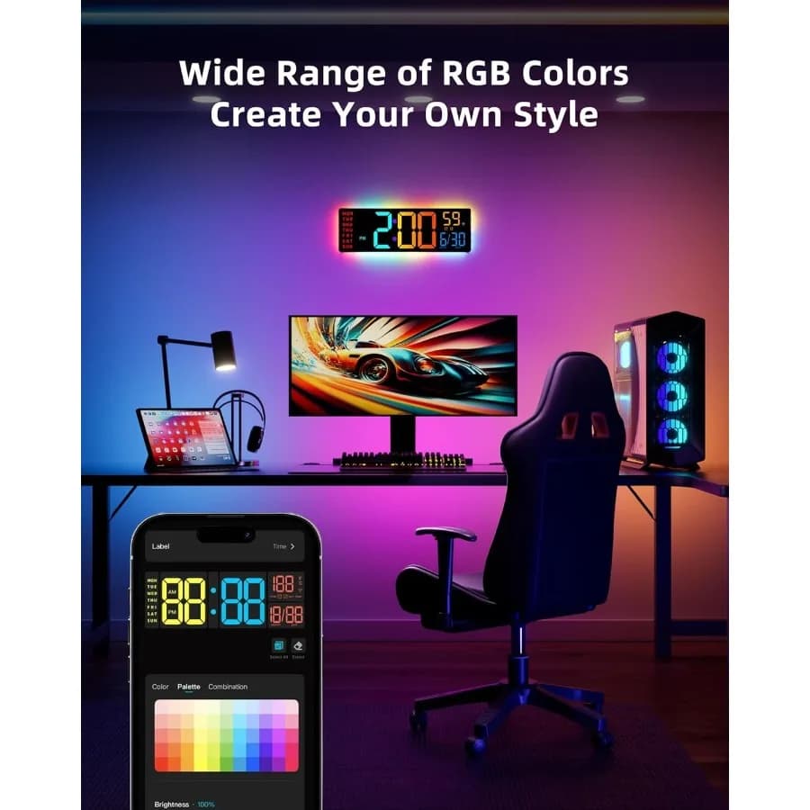 Orologio da parete digitale intelligente per aula, casa, palestra, gaming: display LED RGBIC da 16,5', personalizzazione colori fai-da-te, sincronizzazione musicale, DST automatico