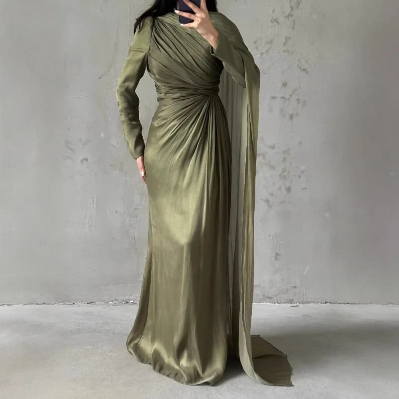 Abito da donna musulmano a sirena con pieghe di lusso Elegante manica lunga Celebrity Guest Abito lungo Abaya Abito islamico turco lungo fino al pavimento
