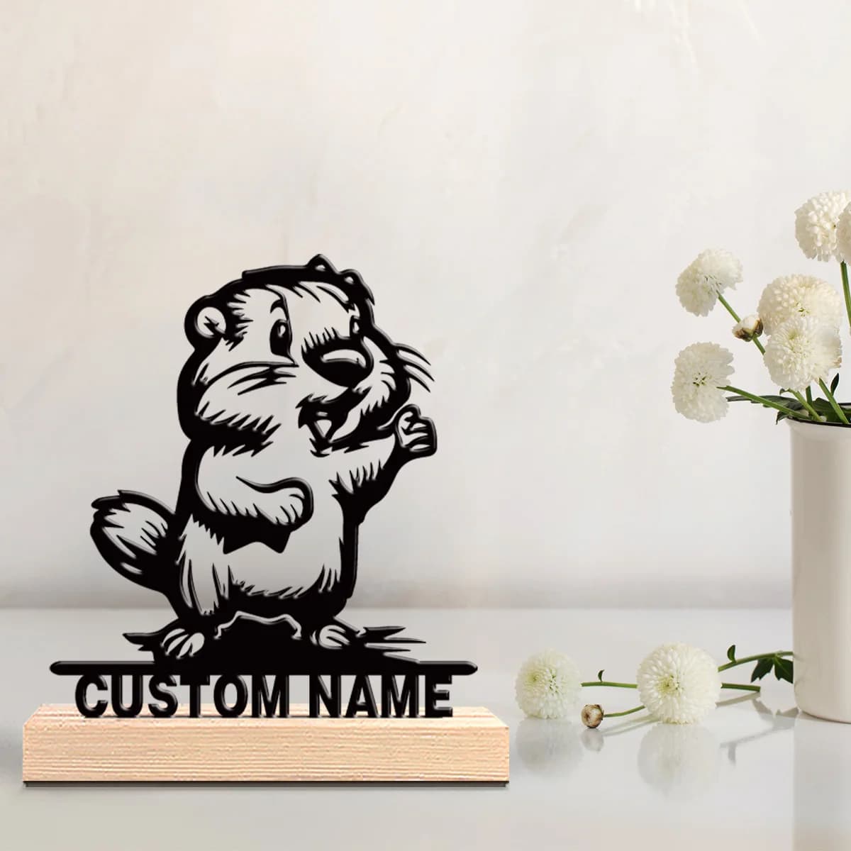 Decorazione da Tavolo Personalizzata in Metallo a Forma di Marmottino con Base in Legno, Arredo Nautico per Scrivania