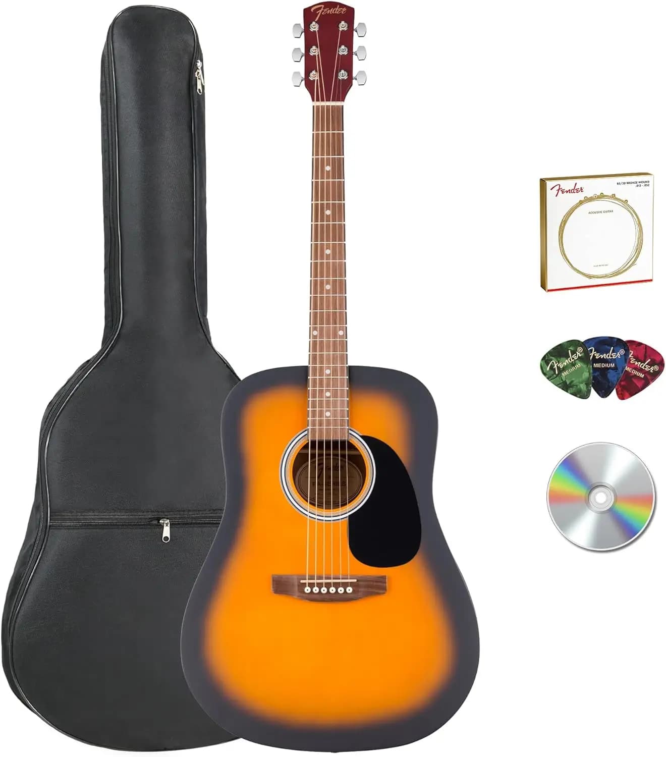 Pacchetto Chitarra Acustica Dreadnought con Borsa per il Trasporto, Corde, Plettri e DVD Didattico in Finitura Sunburst