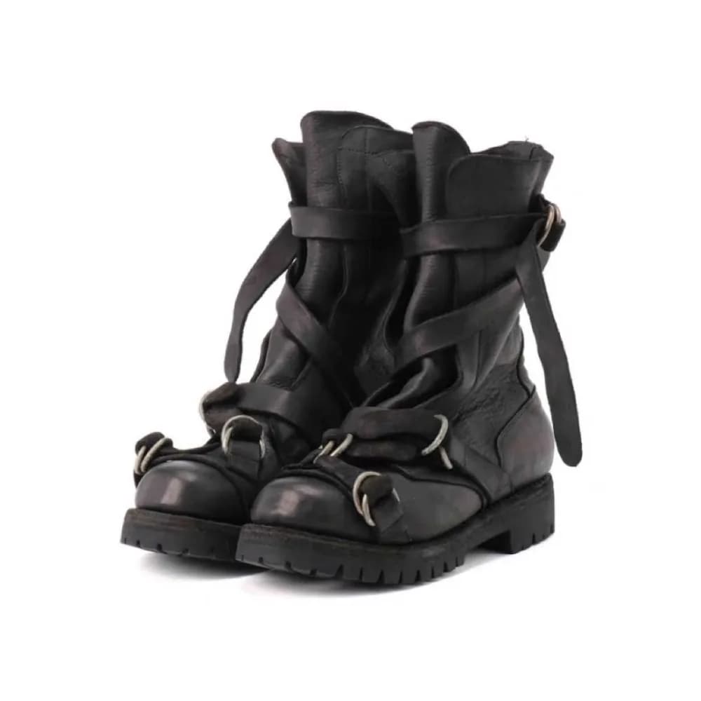 Men's Motorcycle Boots Cavaliere Boots in Half Pulp with Heavy Duty Punk Retro High Moccasin Shoes with Black Soft Buckle Strap