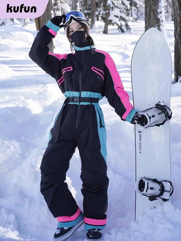 KUFUN Ski Wear Jumpsuit Outfit Waterproof Overall Thickened Snowboard One-piece Windproof Snow Sport Loose Adult Lady Teenager