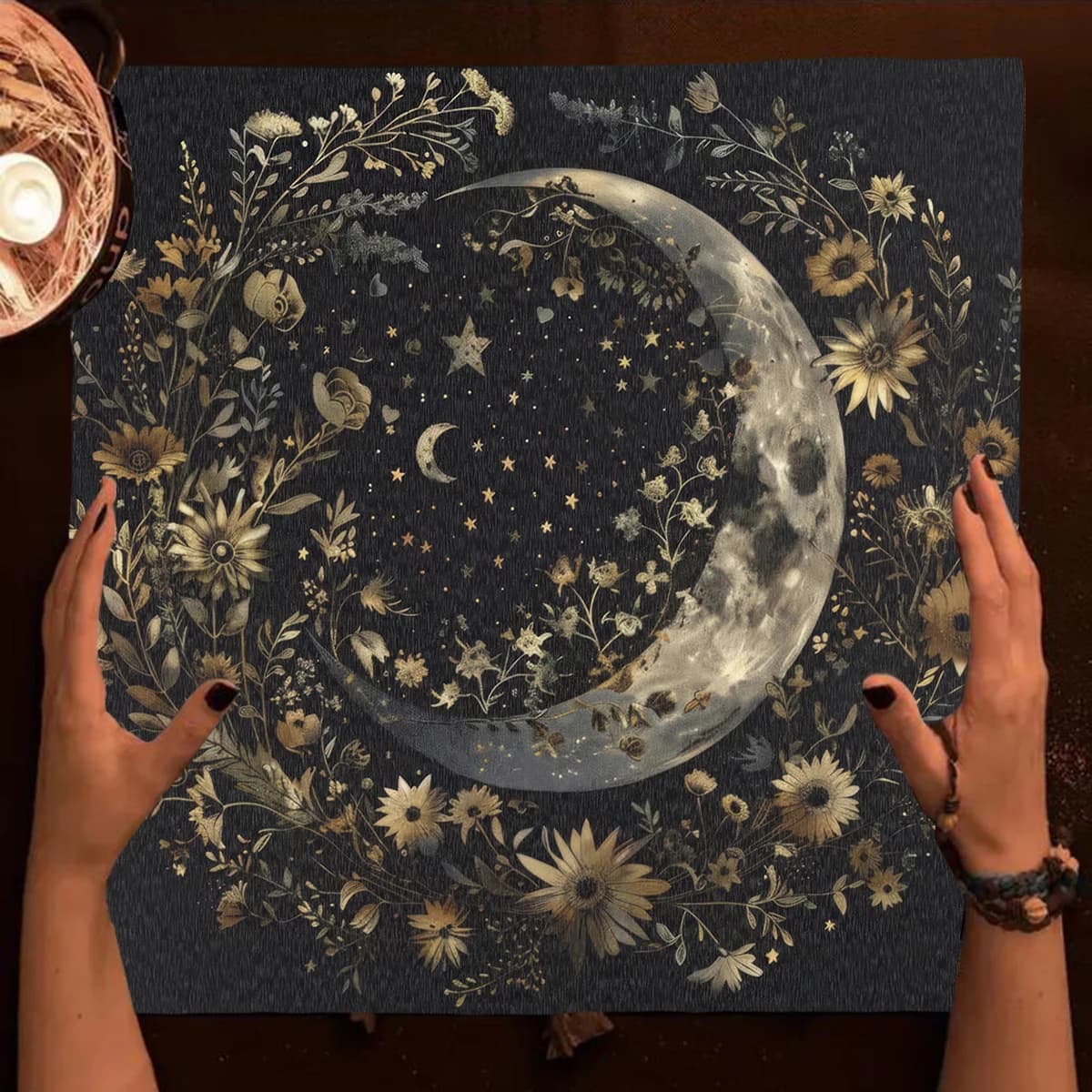 Moon Phase With Flowers Altar Cloth Tarot Card Table cloth Witch Divination Table Cover Reading Tarot Mat Witchy Oracle Card Pad