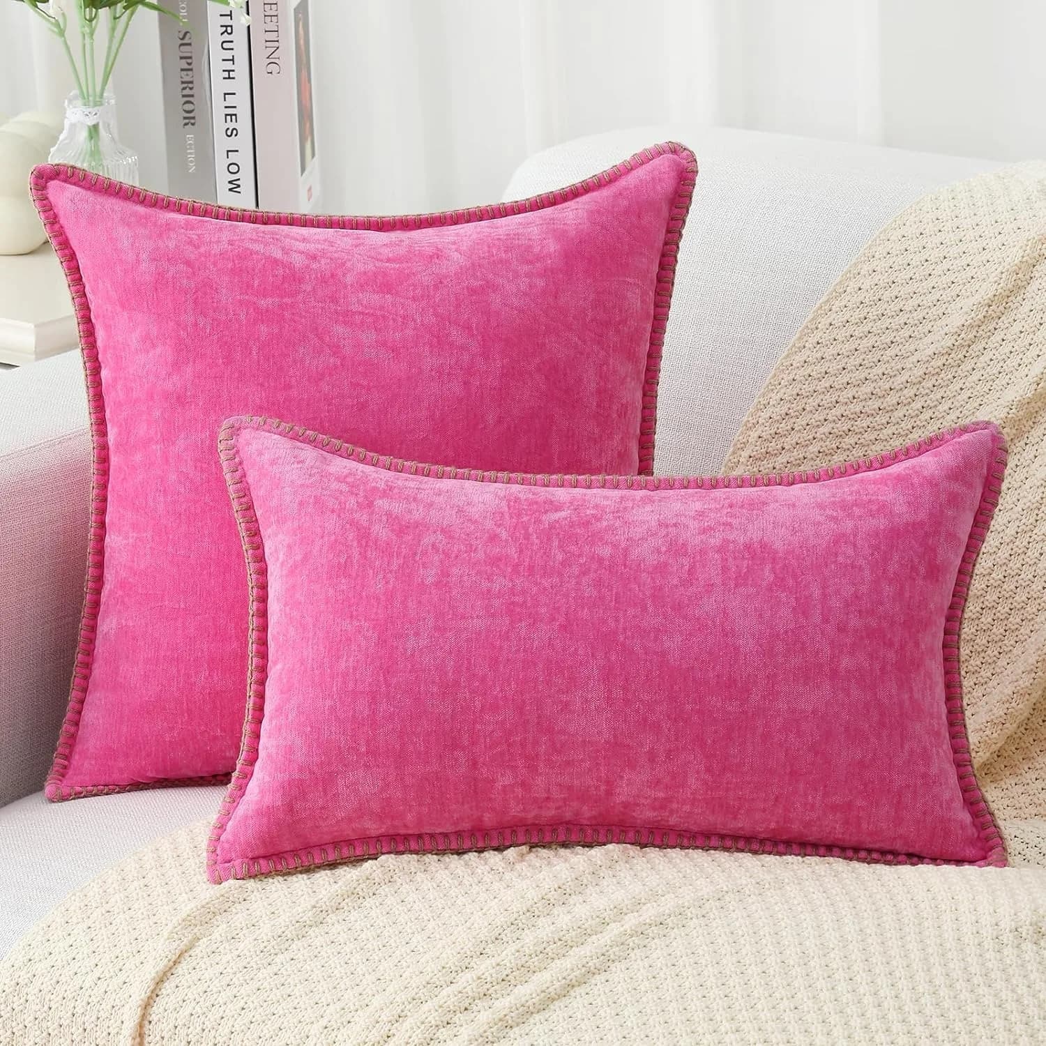 Fodera per cuscino morbida rosa carina con bordo cucito Fodera per cuscino in velluto ciniglia 30/45/50 CM per soggiorno camera da letto divano decorazioni per la casa