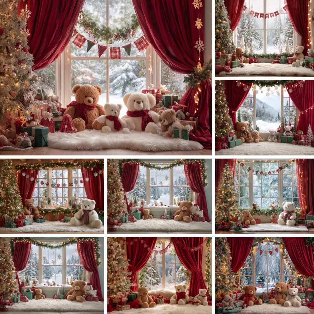 Winter Christmas Window Photography Backdrop Cute Bear Gift Box Red Curtain Snow Scene Decor Background Holiday Portrait Shoot
