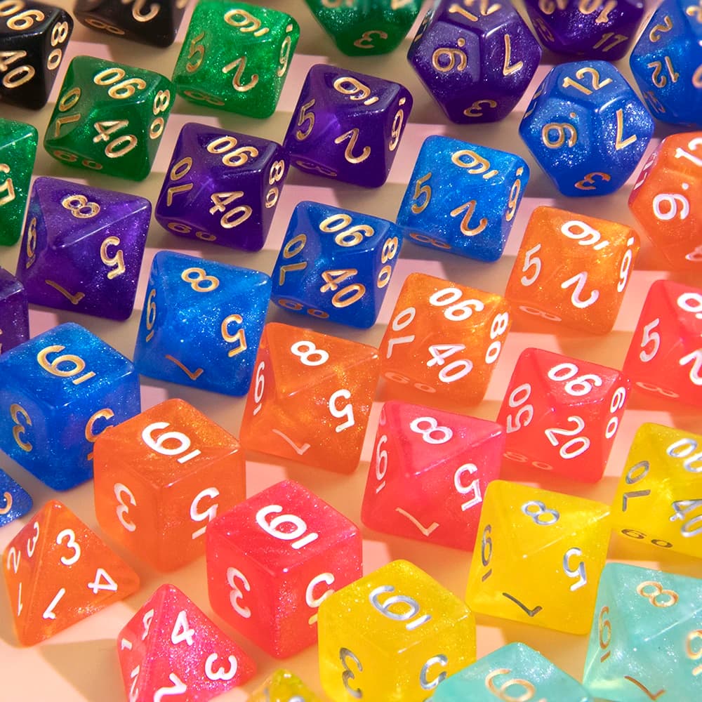 Set di dadi effetto glitterato 7 pezzi di dadi poliedrici acrilici per giochi da tavolo DND TRPG COC e giochi da tavolo di intrattenimento