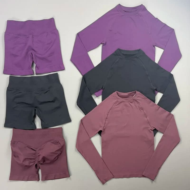 2 Piece Fitness Outfit Women Raglan Long Sleeve Crew Neck Top Hip Shaping Scrunch Shorts Stretch Soft Dance Gym Workout Set