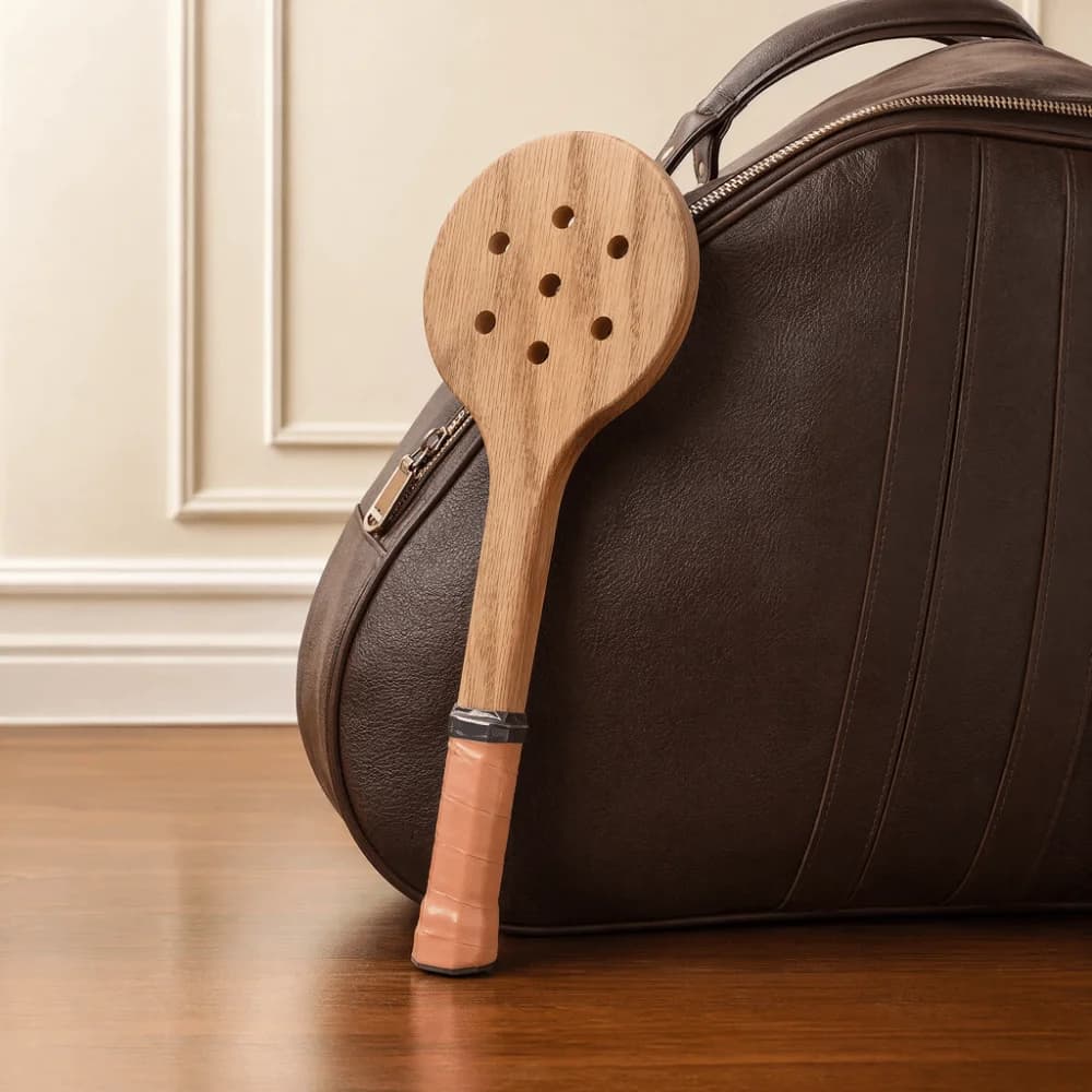 Wood Wooden Tennis Racket Perforated Head Brown Tennis Practice Bat Handheld Compact Size Training Racket Ball Hitting Drill