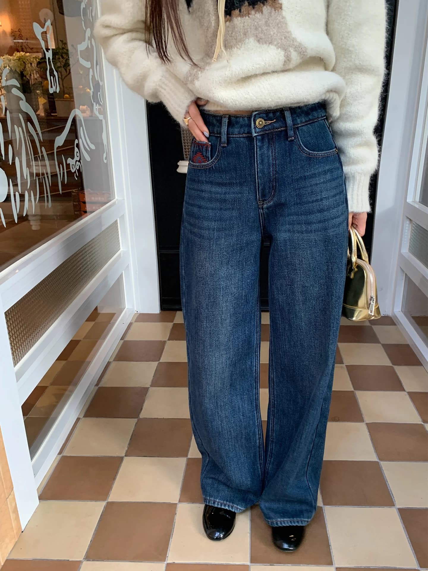 Women's Fce Lined Straight Leg Jeans Embroidered High Waist Slimming Winter Cotton Denim Pants Comfortable Casual Trousers