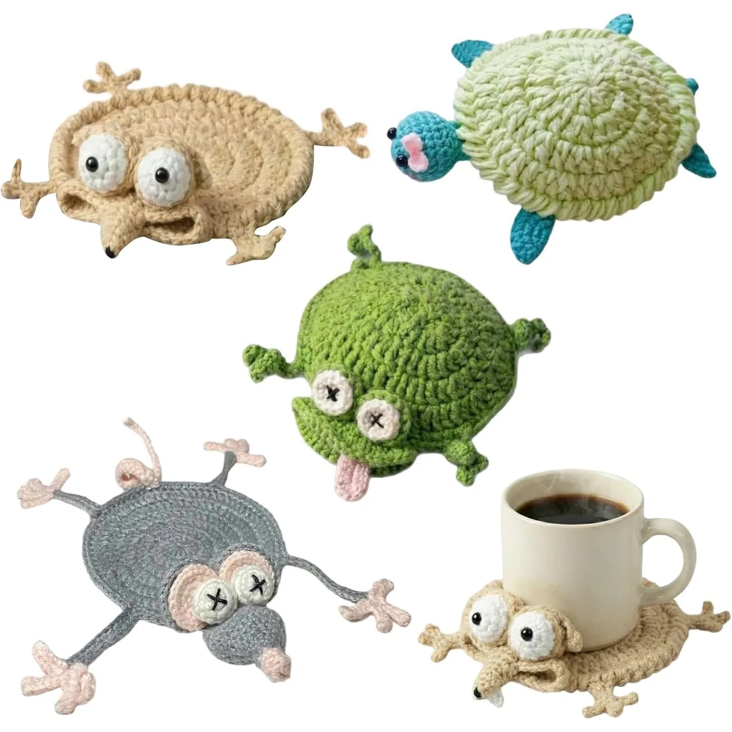 3 hand-crocheted animal-shaped coasters for home kitchen tabletop decor - thickened absorbent, suitable for home kitchen beverage coasters with stuffed animal shapes (cat, rabbit, bear) - soft mark coasters, unique housewarming gifts, suitable for &