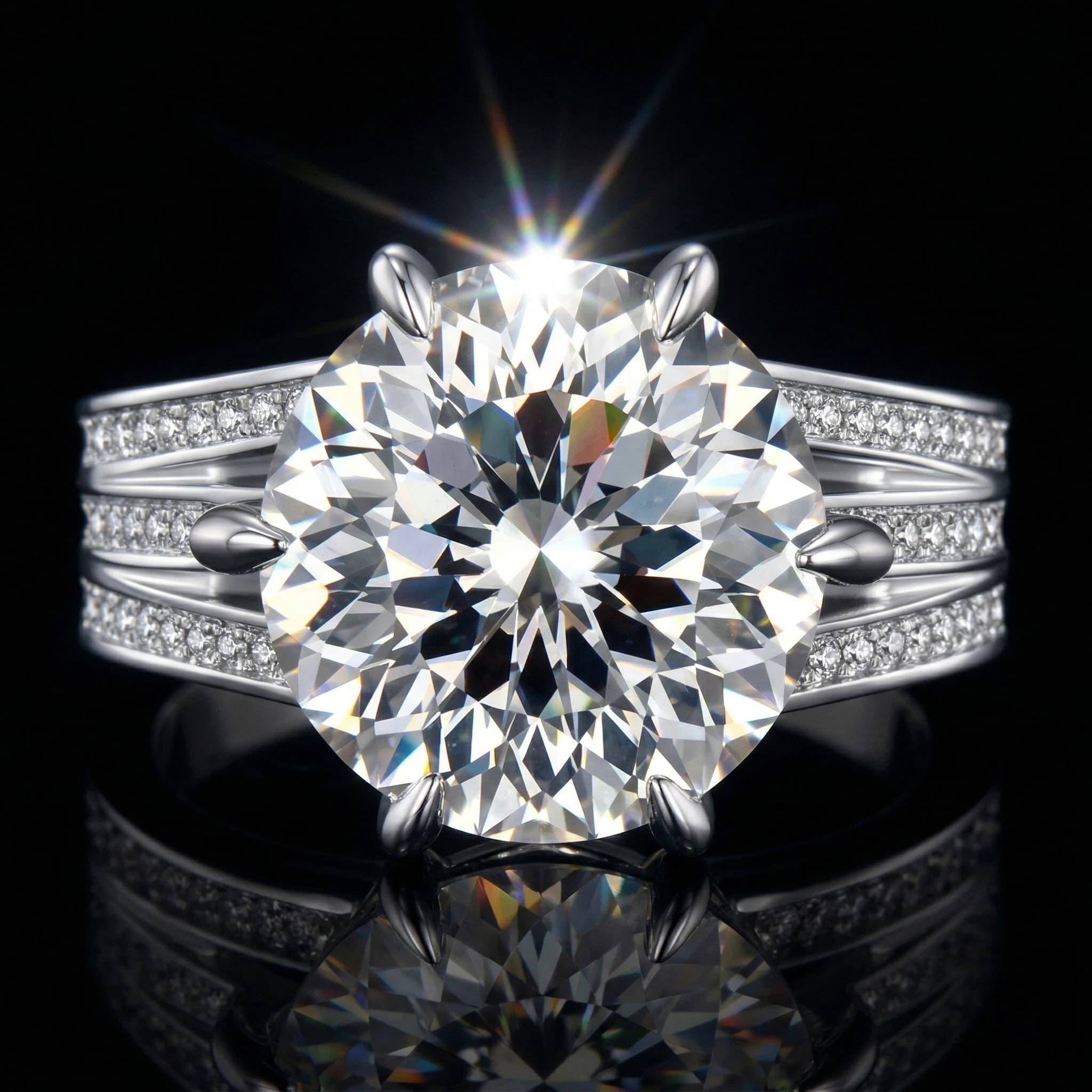 6 Prong Moissanite Ring, 925 Silver, D Color VVS1, 10ct Triple Pave Shank, Men's Light Luxury Engagement, w/ Cert