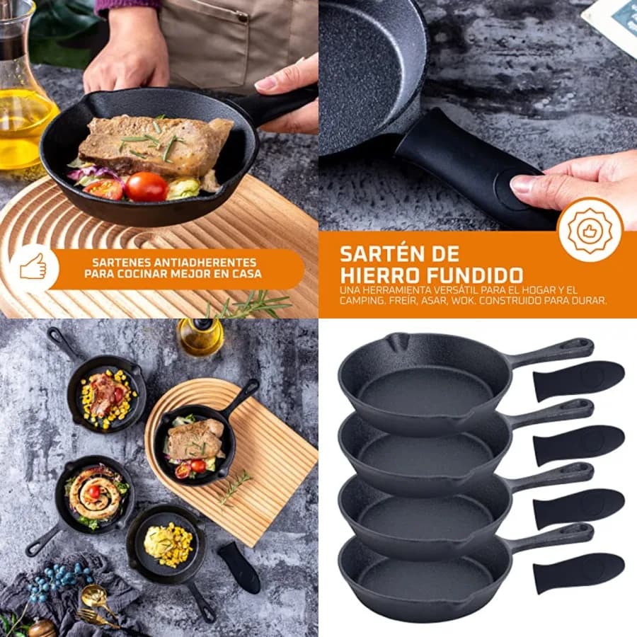 Cast Iron Frying Pan Set of 4-6x4 Inch Pre-Seasoned Skillets with Heat-Resistant Silicone - Mini Cast Iron Skillet Set for Stov