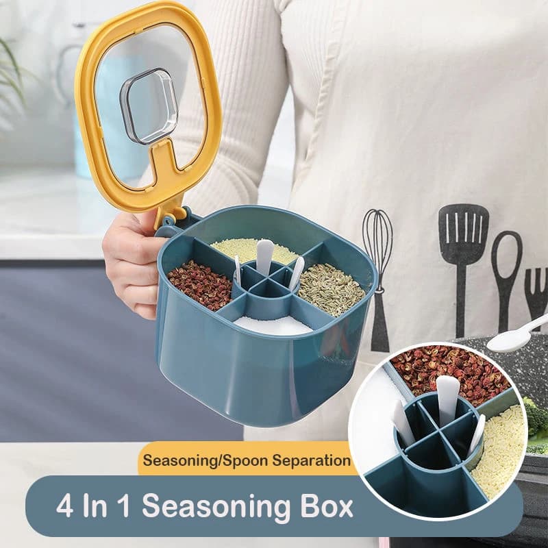 Scatola per condimenti 4 in 1 con cucchiaio Barattolo di spezie Multi scomparto Sale Pepe Barattoli di spezie Pentole Accessori da cucina Contenitore per condimenti