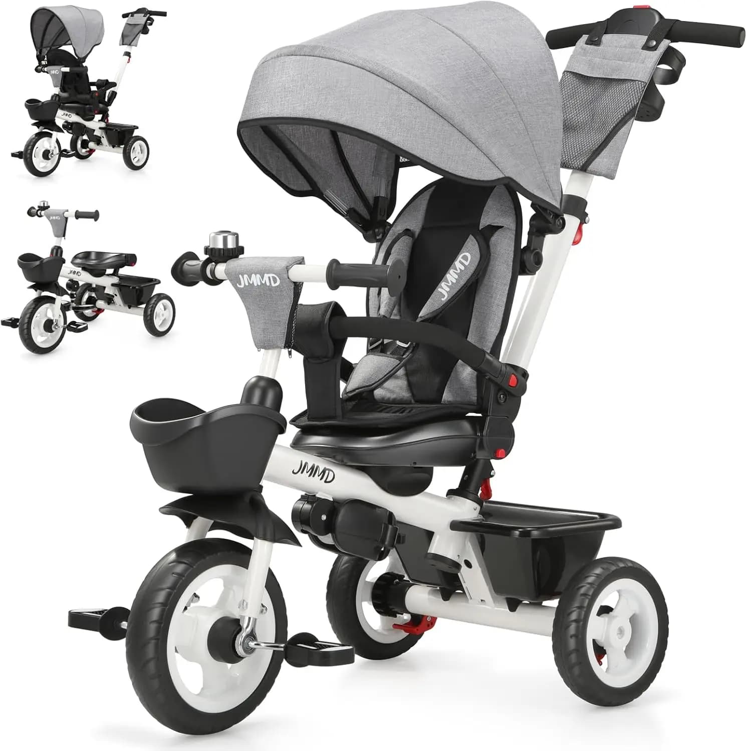 Passeggino Triciclo 6 in 1 con Maniglia di Spinta, Rotazione a 360° ° Sedile Girevole, Schienale Reclinabile, Ruote per Tutti i Terreni, Doppi Freni, Tettuccio