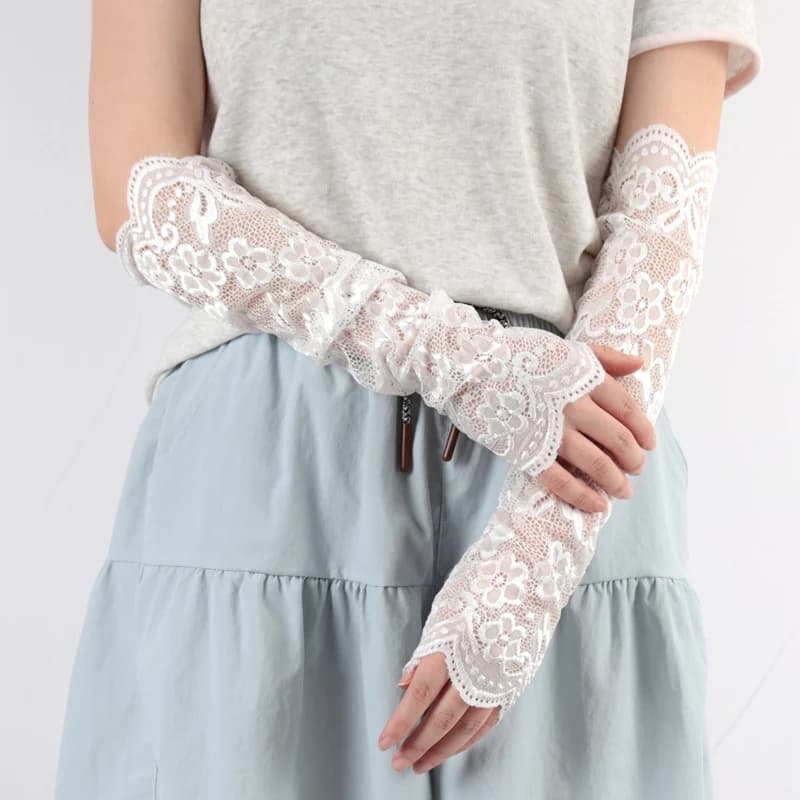 Women Lace Finger Less Gloves Flower Sun Protection Arm Sleeves Mesh Wedding Cycling Gloves Arm Cuffs Sunscreen Driving Mittens
