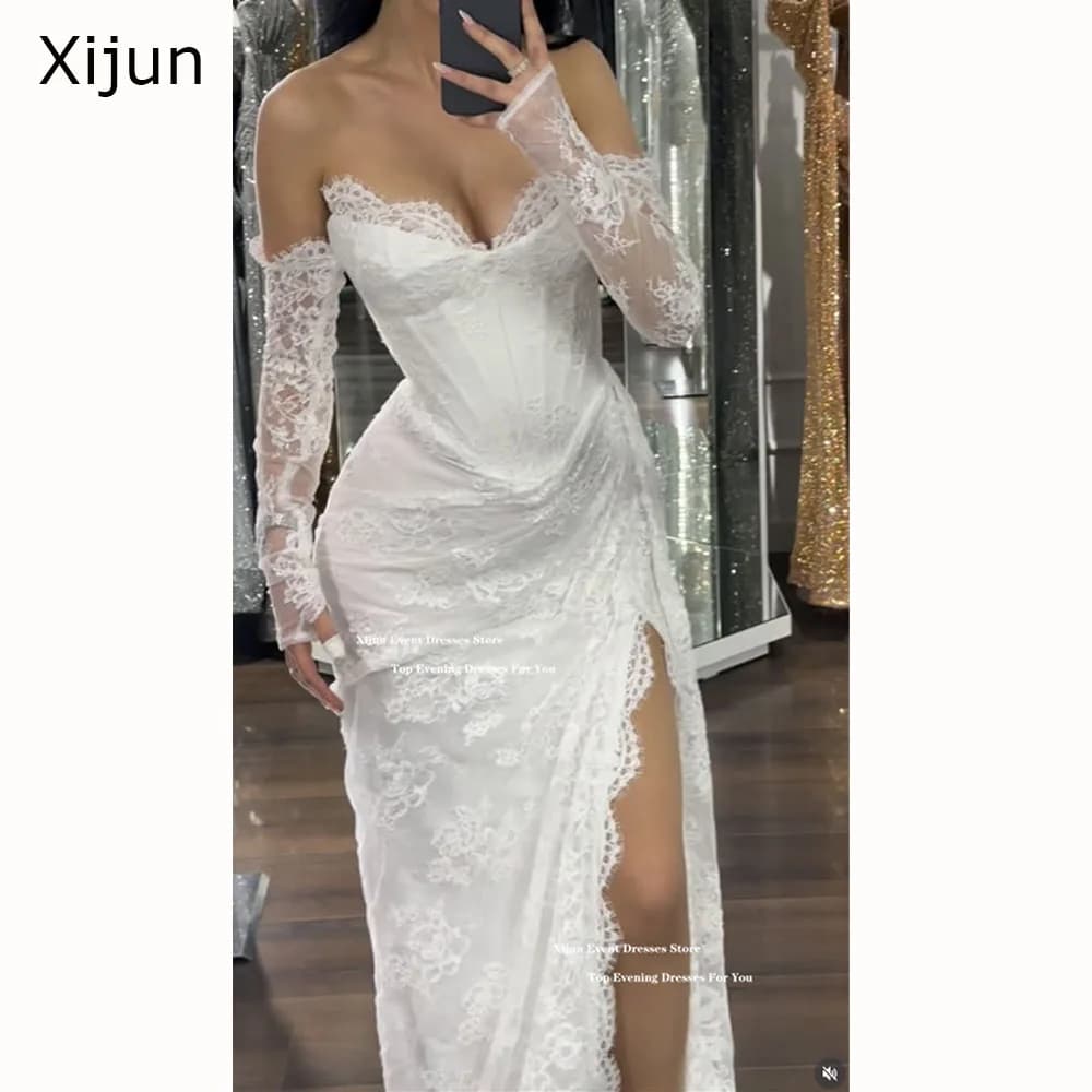 Xijun Luxury Ivory Lace Wedding Dresses Sweetheart High Split Formal Prom Dresses Flowers Bridal Gowns With Sleeves Customized