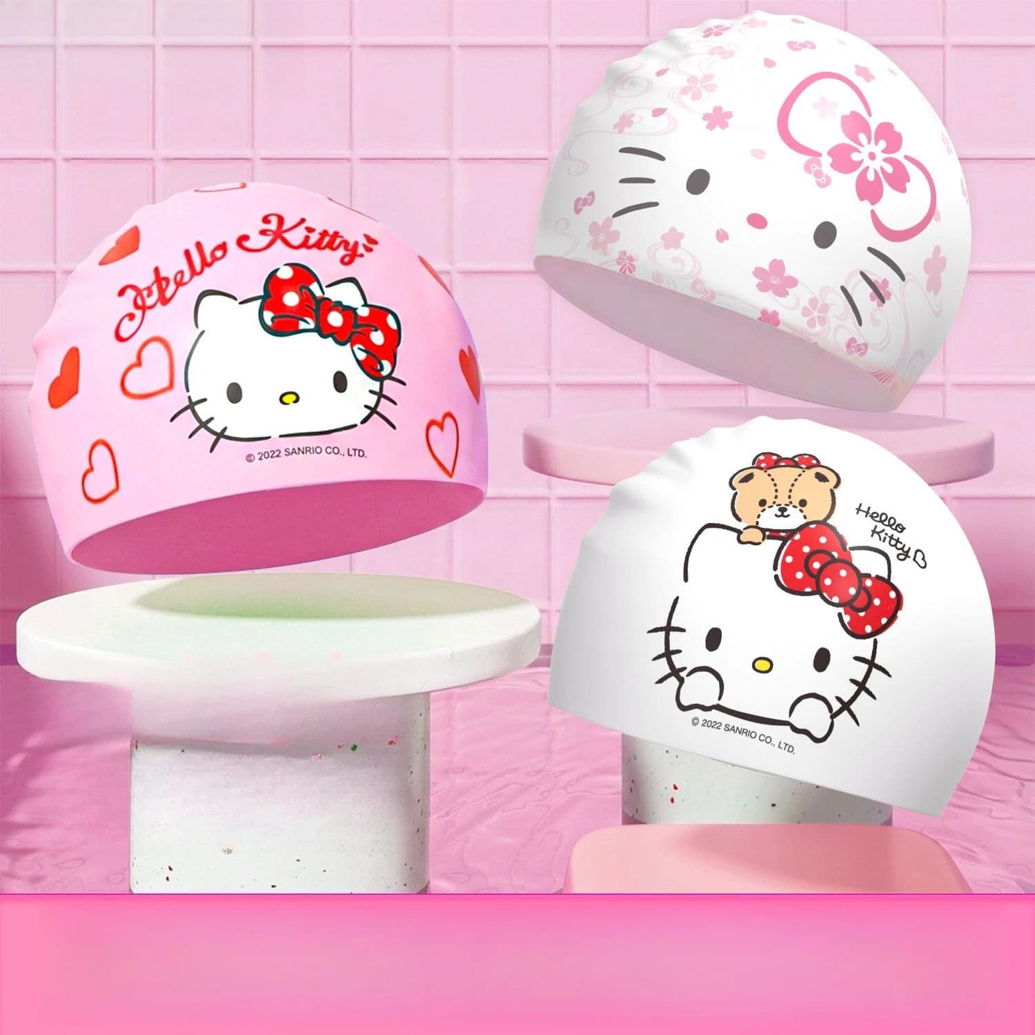 Cuffia da Nuoto Anime Sanrio Hello Kitty per Donne con Capelli Lunghi, Impermeabile in Silicone, Set per Bambini con Cartoni Animati, Professionale per Studenti