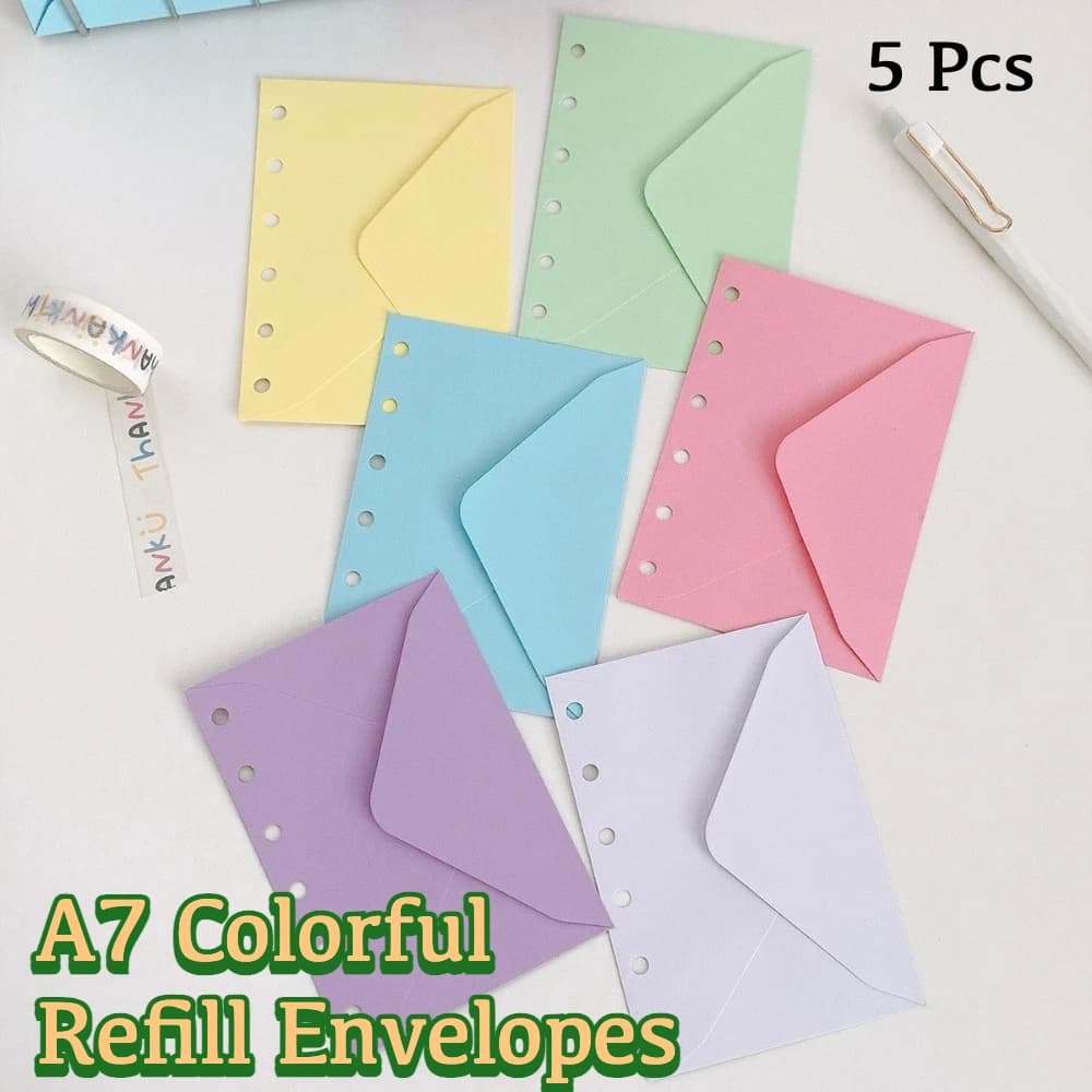 5Pcs A7 Colorful Refill Envelopes Loose Leaf Storage Pockets 6 Holes A7 Binder Notebook Sticker Storage Bags Stationery Supplies